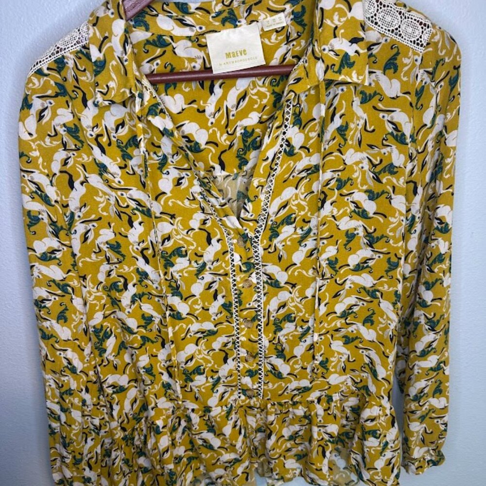 Maeve by Anthropologie Yellow Flounced Peasant Blouse - Bunny Rabbit Print Sz 8